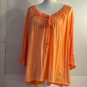 New York Laundry Crocheted Tie Neck 3/4 Sleeve High Low Hem Orange Top. Size M